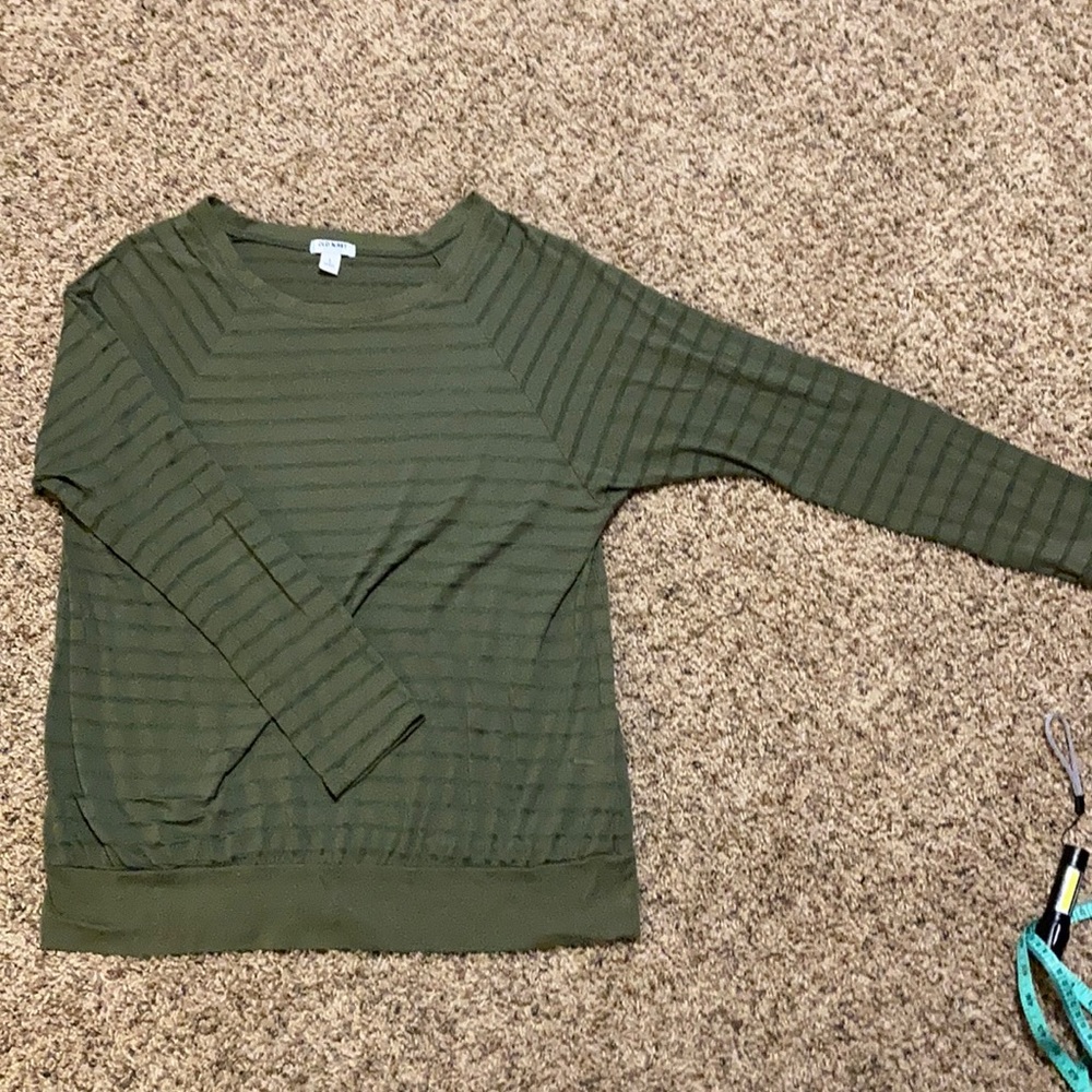 Olive green blouse, stripped shear. Size large